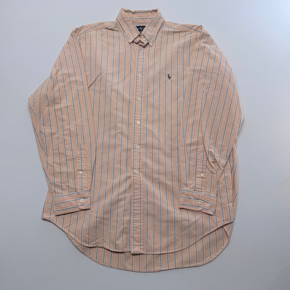 Ralph Lauren Mens Classic Fit Striped Button Down Shirt Peach Blue Large
